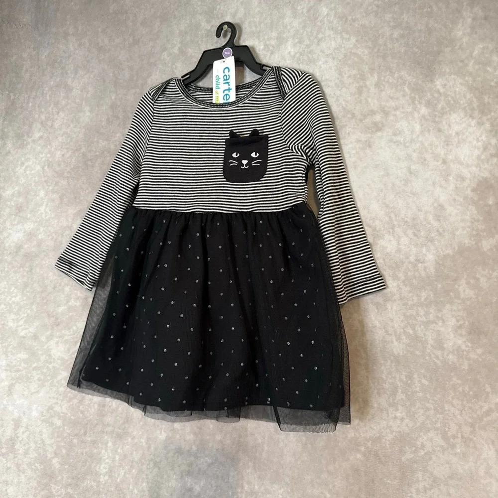 NWT Carters Black‎ Cat Halloween Tulle Dress Size 12 Months Stripes Polka Dot